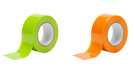 Two rolls of colored adhesive tape in green and orange on a white background, perfect for crafts and office use