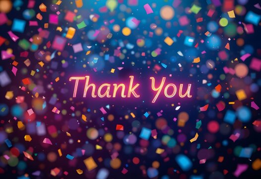 Neon style thank you message with falling confetti on dark background - Powered by Adobe