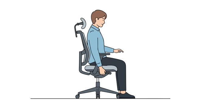 Illustration showcasing ergonomic office chair and seated person promoting posture support and well-being in the workspace