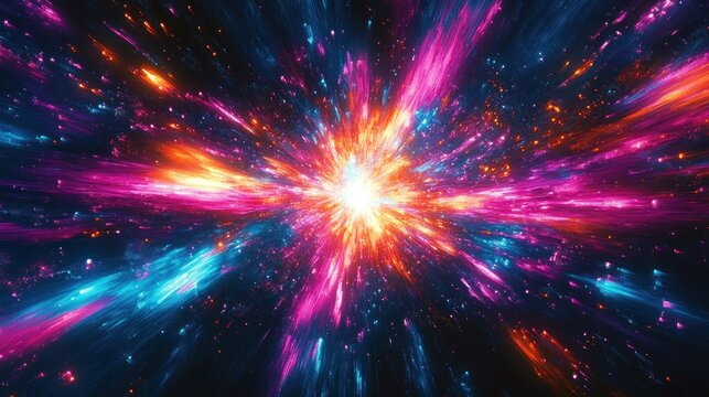 Bright explosion of colorful light beams in space with radiant pink, orange, blue, and purple streaks spreading outward creating a dynamic cosmic burst effect - Powered by Adobe