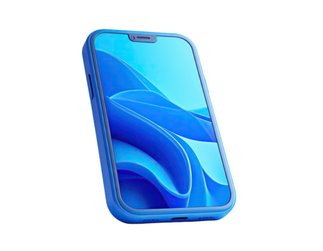 Angled image of a smartphone in a blue protective case, displaying a blue abstract screen