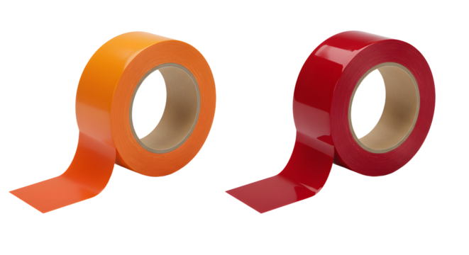 Two rolls of colored adhesive tape, one orange and one red, isolated on a white background, perfect for craft projects and repairs