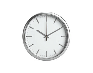 A round silver-framed clock with a white face, set against a black background