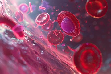 Photorealistic microscopic view of red blood cells and single white leukocyte