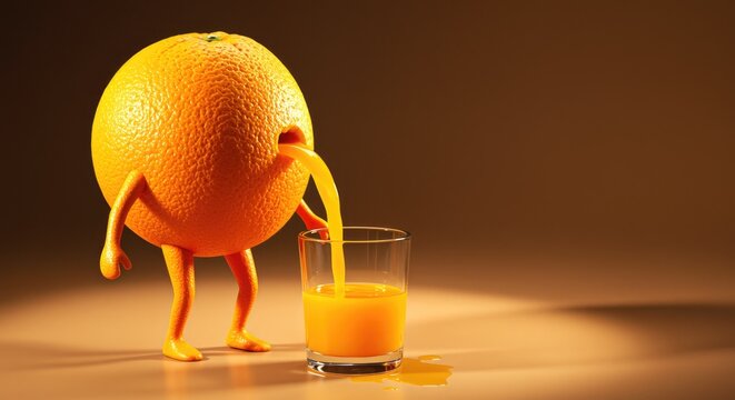 Orange Character Pouring Juice into Glass fruit drink legs arms citrus healthy beverage fresh vitamin food liquid orange juice
