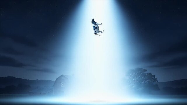 Alien spaceship abducting cow farmland night beam