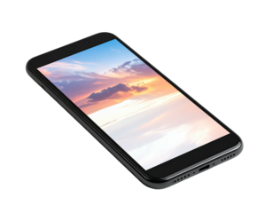 Angled view of a black smartphone displaying a colorful sunset sky