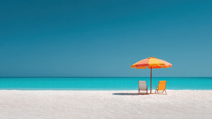 Beach Paradise: A Vibrant Beach Scene with a Colorful Umbrella and Lounge Chairs, Inviting Relaxation and Leisure.