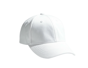 A crisp, plain white baseball cap, perfectly lit, sits against a dark background