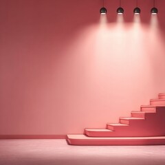 Obraz premium A scene featuring a set of stylish, pale pink stairs against a uniform pale pink wall, highlighted by spotlights.