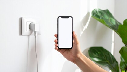 "Hand holding smartphone near wall socket with unplugged charging cable, leafy plant and sheer curtain in bright indoor setting, capturing everyday tech moment."