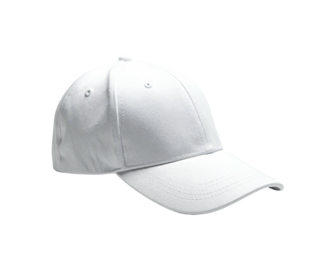 A crisp, blank white baseball cap angled slightly with a curved brim