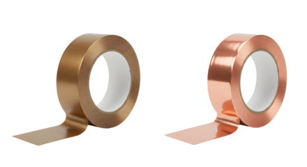 Two rolls of metallic adhesive tapes in bronze and copper colors isolated on white background, perfect for crafts and DIY projects