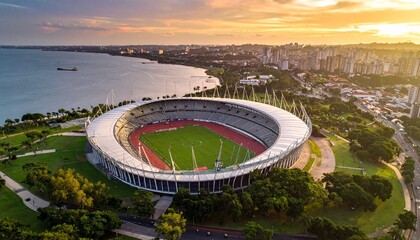 "Aerial view of circular coastal stadium with modern architecture near blue sea, surrounded by urban landscape, roads, and green spaces."