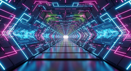 Futuristic Neon Hexagonal Tunnel with Data Screens image photo