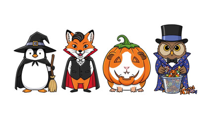Whimsical Halloween Parade: Adorable animal characters donned in delightful Halloween costumes stand side-by-side, ready for a night of spooky fun. A cute penguin, an elegant fox.