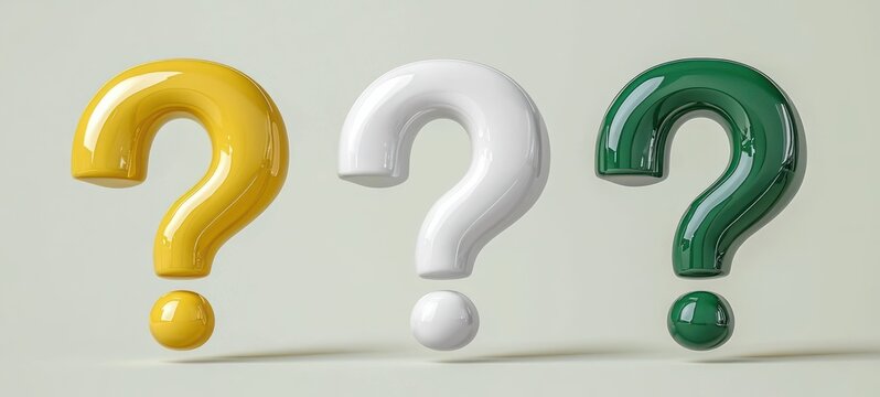 Three large glossy question marks in yellow, white, and green colors set against a plain muted background, symbolizing curiosity and uncertainty