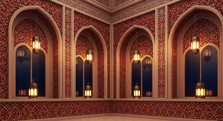 Obraz premium Elegant Islamic interior design with intricate arabesque patterns, illuminated traditional lanterns, and arched windows. Perfect background for Ramadan, Eid, Maulid Nabi, or other Islamic cultural and