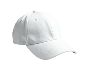 A pristine, white baseball cap, front view against a dark, transparent background