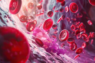 Photorealistic microscopic view of red blood cells and single white leukocyte