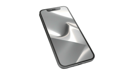 A sleek, modern smartphone with a reflective, metallic screen on black background
