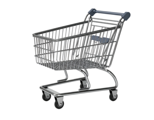 A shiny, empty shopping cart with a silver frame and gray accents against black