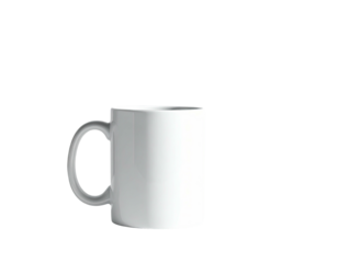A plain white ceramic mug, side-profile, sits against a deep black backdrop
