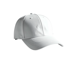 A pristine, all-white baseball cap with a curved brim, isolated on black