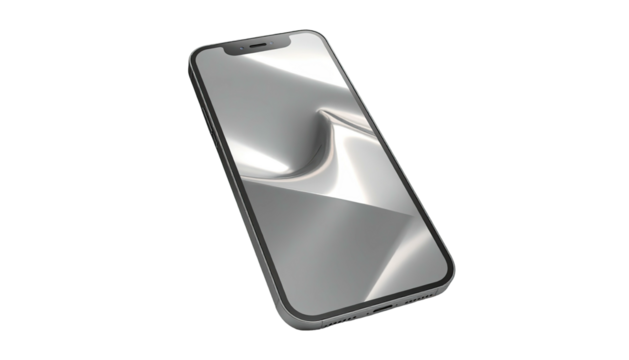 A sleek, modern smartphone with a reflective, metallic screen on black background