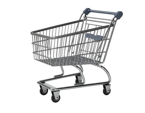 A shiny, empty shopping cart with a silver frame and gray accents against black