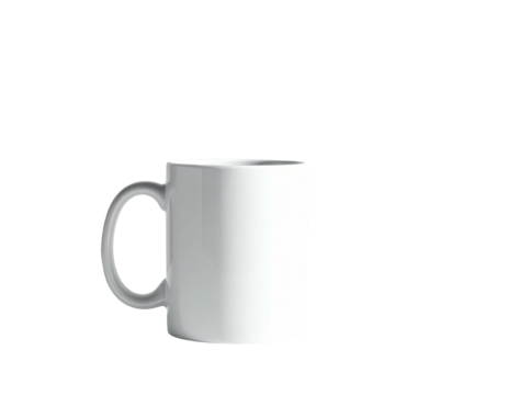 A plain white ceramic mug, side-profile, sits against a deep black backdrop