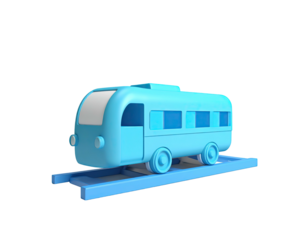 Cartoonish blue train on tracks, against a black background. 3D rendering