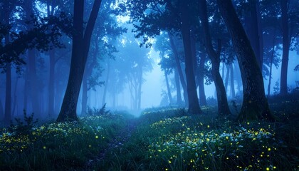 Ethereal Blue Mystical Woodland Path with Fireflies at Night Landscape