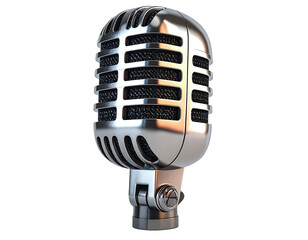 Shiny chrome retro microphone, isolated on a black background, angled slightly
