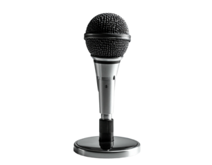 A silver and black handheld microphone with a round head and a base