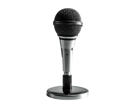 A silver and black handheld microphone with a round head and a base