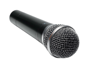 A sleek, black handheld microphone with a metal mesh head, isolated on black