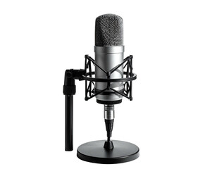 Silver & black microphone with a mesh head and stand against a dark backdrop