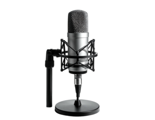 Silver & black microphone with a mesh head and stand against a dark backdrop