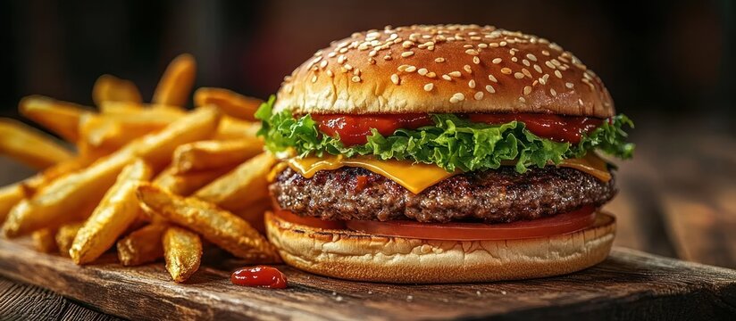 Close-up of a juicy cheeseburger with lettuce, tomato, melted cheese, ketchup, sesame seed bun, served with golden crispy French fries on a wooden surface