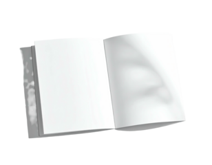 Digitally rendered open book featuring blank, white pages on a black backdrop
