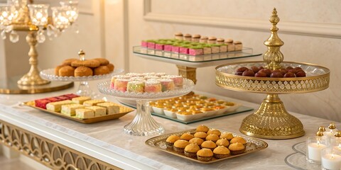 Elegant dessert table laden with an assortment of colorful pastries, cakes, and sweets, perfect for celebrations.