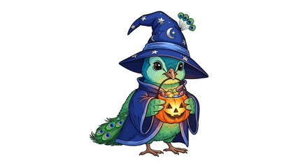 The Bird Magician's Halloween Fantasy: A whimsical illustration of a captivating bird adorned in a magician's attire, holding a pumpkin-shaped trick-or-treat bag.