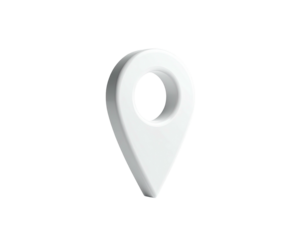 3D-rendered, glossy white location pin floating on a black background