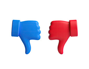 Two 3D thumbs-down gestures, one blue and one red, against a black background
