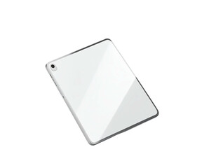 Shiny white tablet computer, slightly angled, with a reflective screen, on black