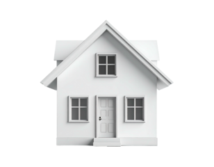 Front-facing, clean, white, two-story house model with a simple, symmetrical design