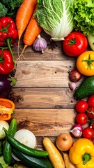 Colorful assortment of fresh vegetables arranged on a wooden table