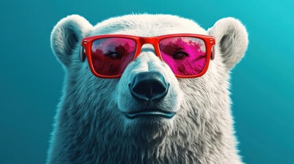 close-up portrait of a confident white bear wearing vibrant red sunglasses with reflective lenses against a blue background