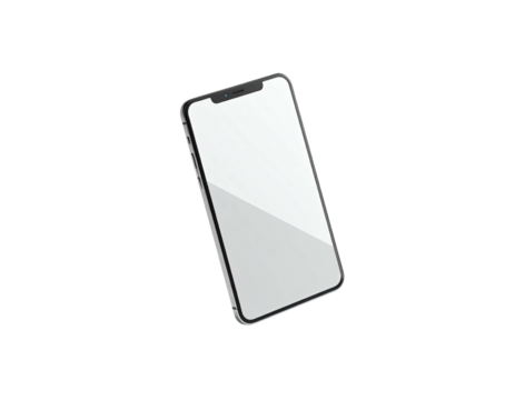 Angled image of a smartphone with a blank white screen against a black background